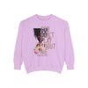 Flatlay mockup of women's orchid color sweatshirt with design that reads 