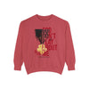 Flatlay mockup of women's crimson color sweatshirt with design that reads 