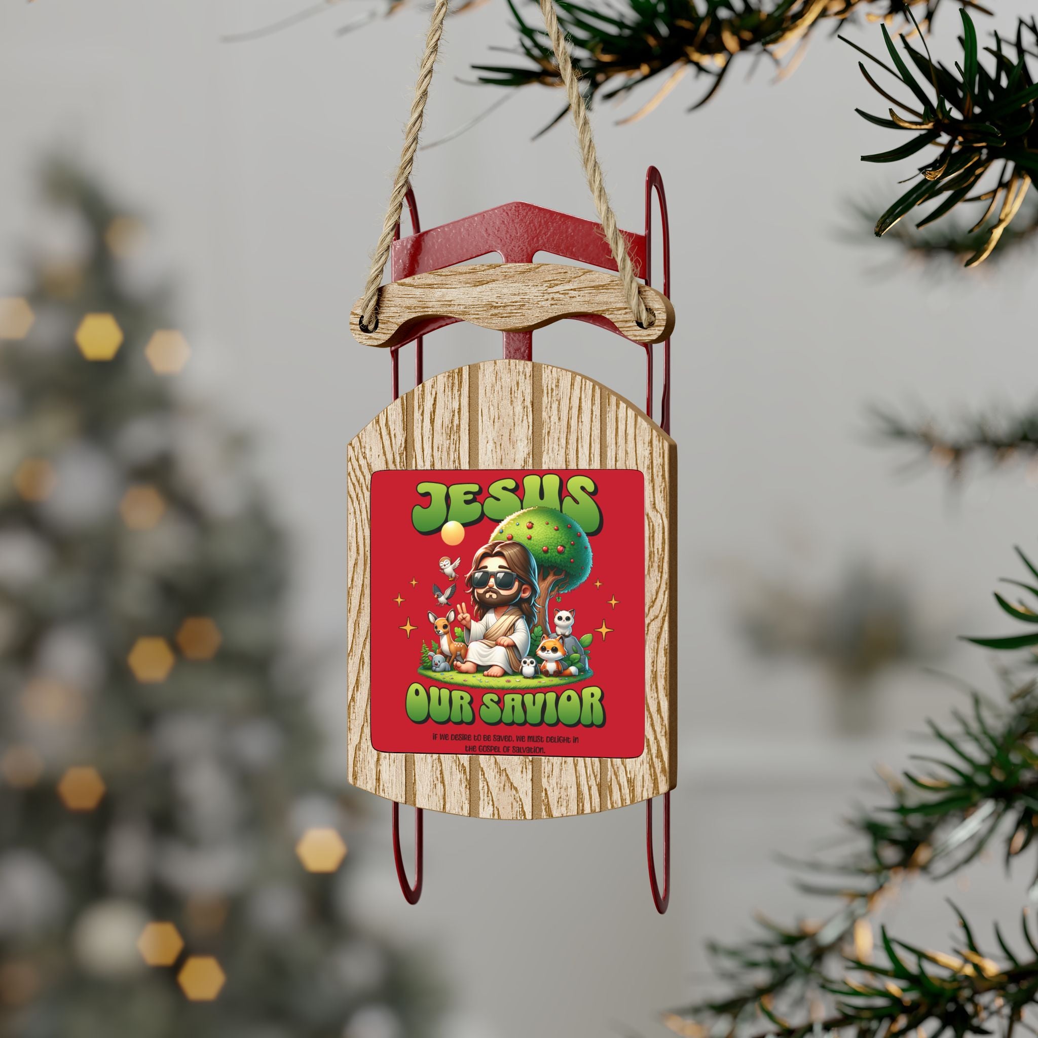 Jesus Saves Sled Ornament - Red