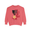 Flatlay mockup of women's watermelon color sweatshirt with design that reads 