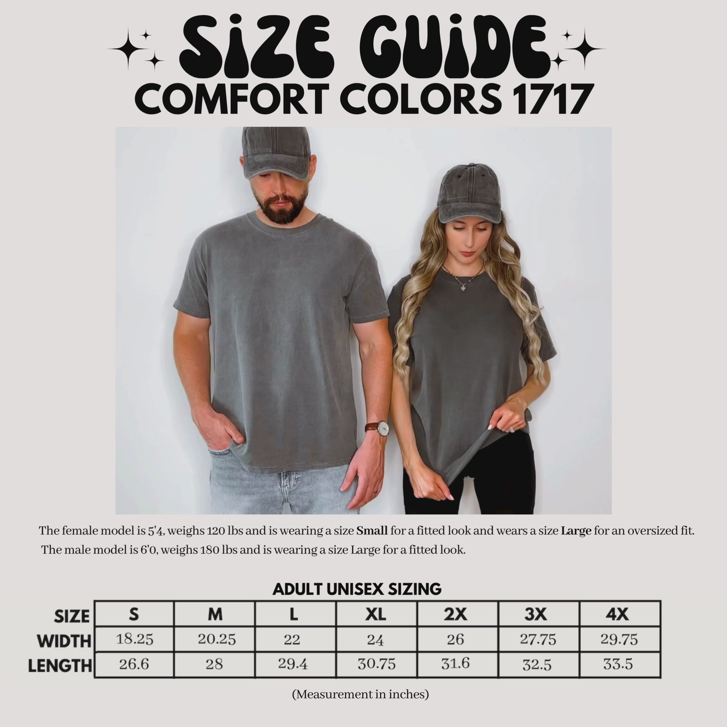 Video size guide showing a male and female model wearing the comfort colors t-shirt in pebble color