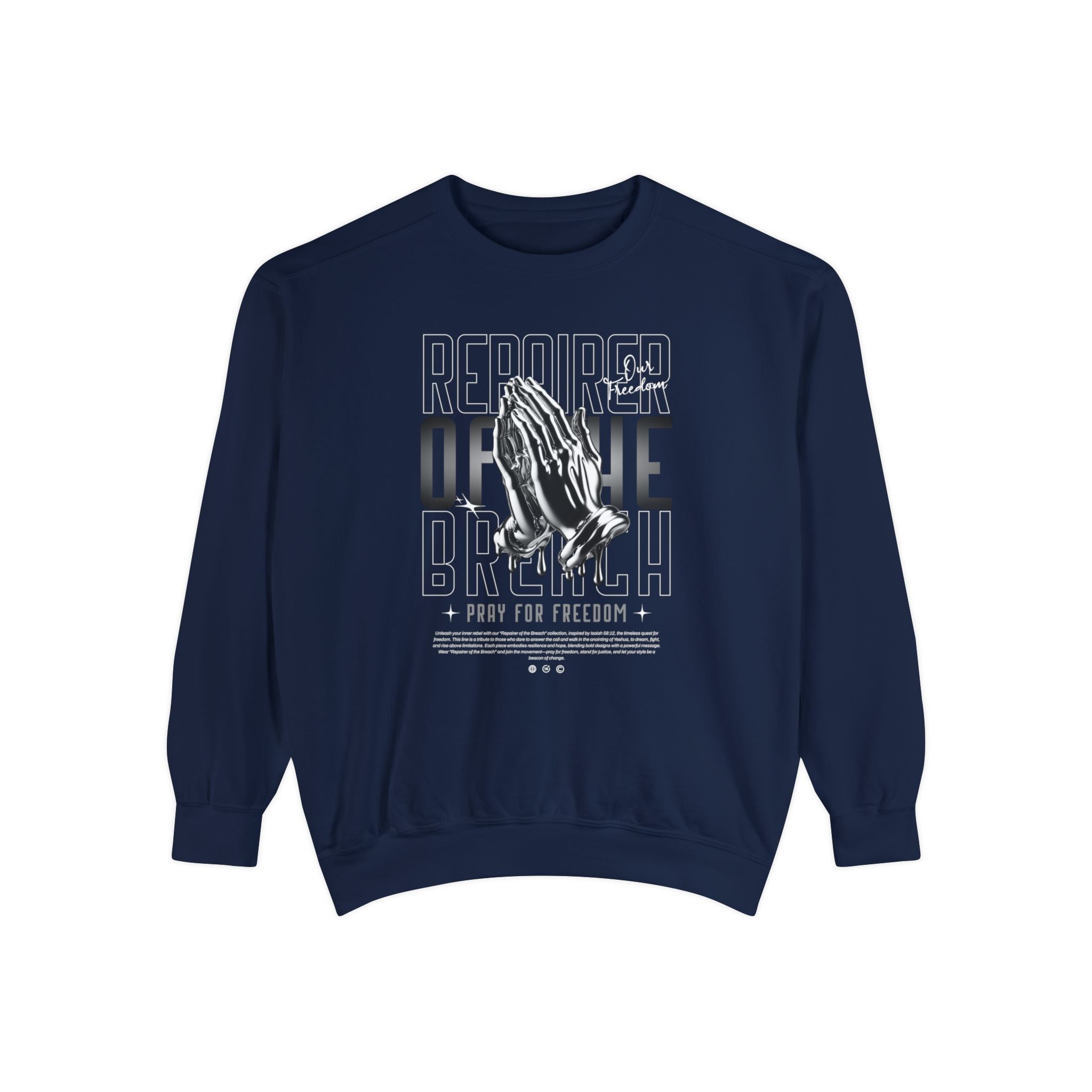 repairer of the breach design, inspired by Isaiah 58:12 bible verse, on a true navy luxurious 100% cotton sweatshirt, unisex