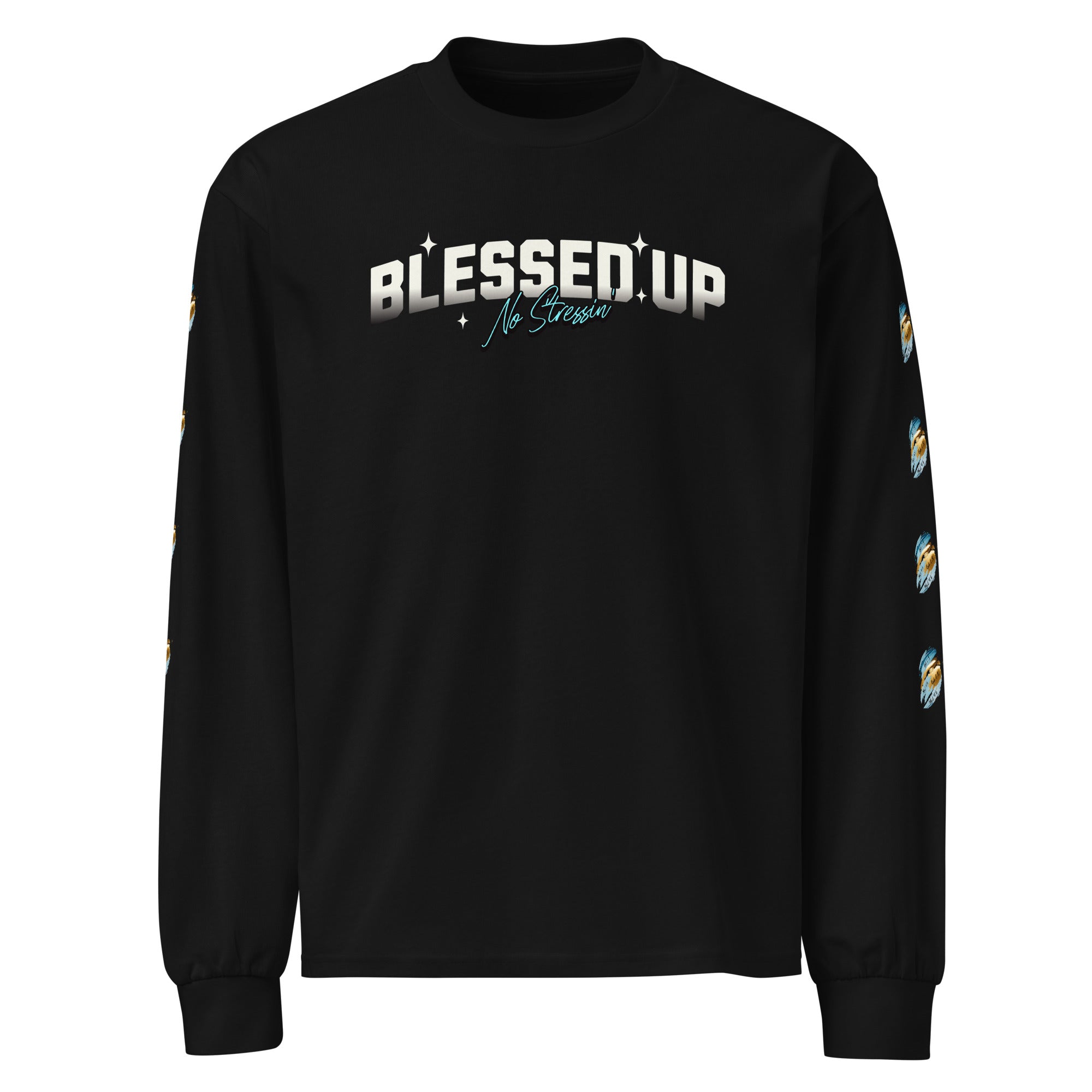 Premium black heavyweight sweatshirt with text design saying Blessed Up No Stressin" across front chest area, also with intricate bible verse design on left and right sleeve