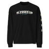 Premium black heavyweight sweatshirt with text design saying Blessed Up No Stressin