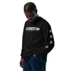 Man wearing premium black heavyweight sweatshirt with text design saying Blessed Up No Stressin