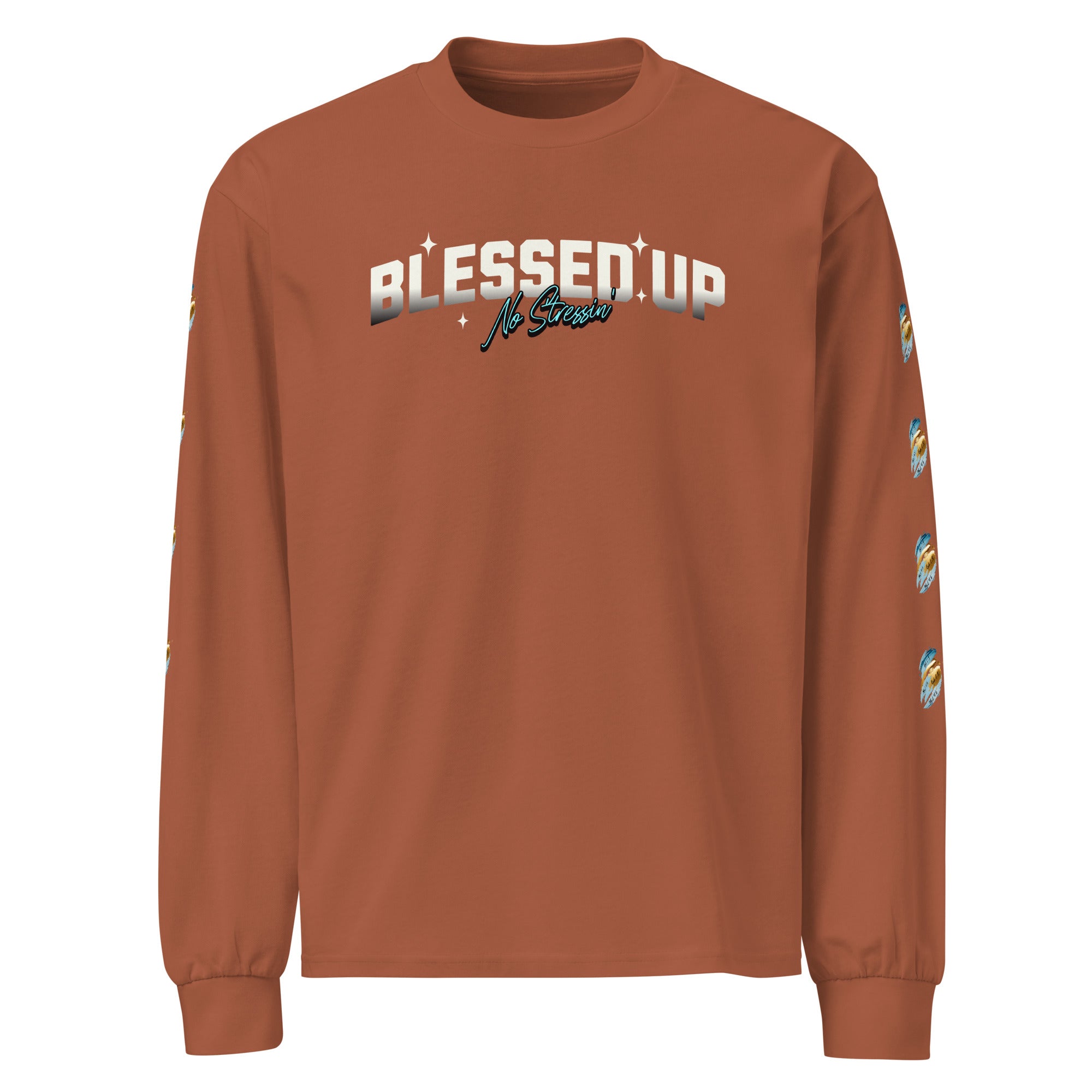 Premium clay color heavyweight sweatshirt with text design saying Blessed Up No Stressin" across front chest area, also with intricate bible verse design on left and right sleeve