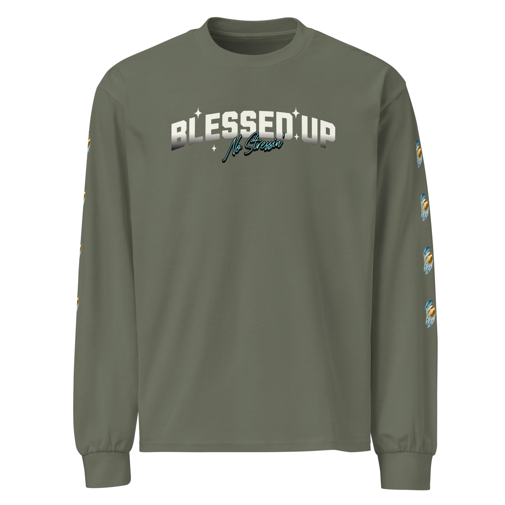 Premium cypress green color heavyweight sweatshirt with text design saying Blessed Up No Stressin" across front chest area, also with intricate bible verse design on left and right sleeve