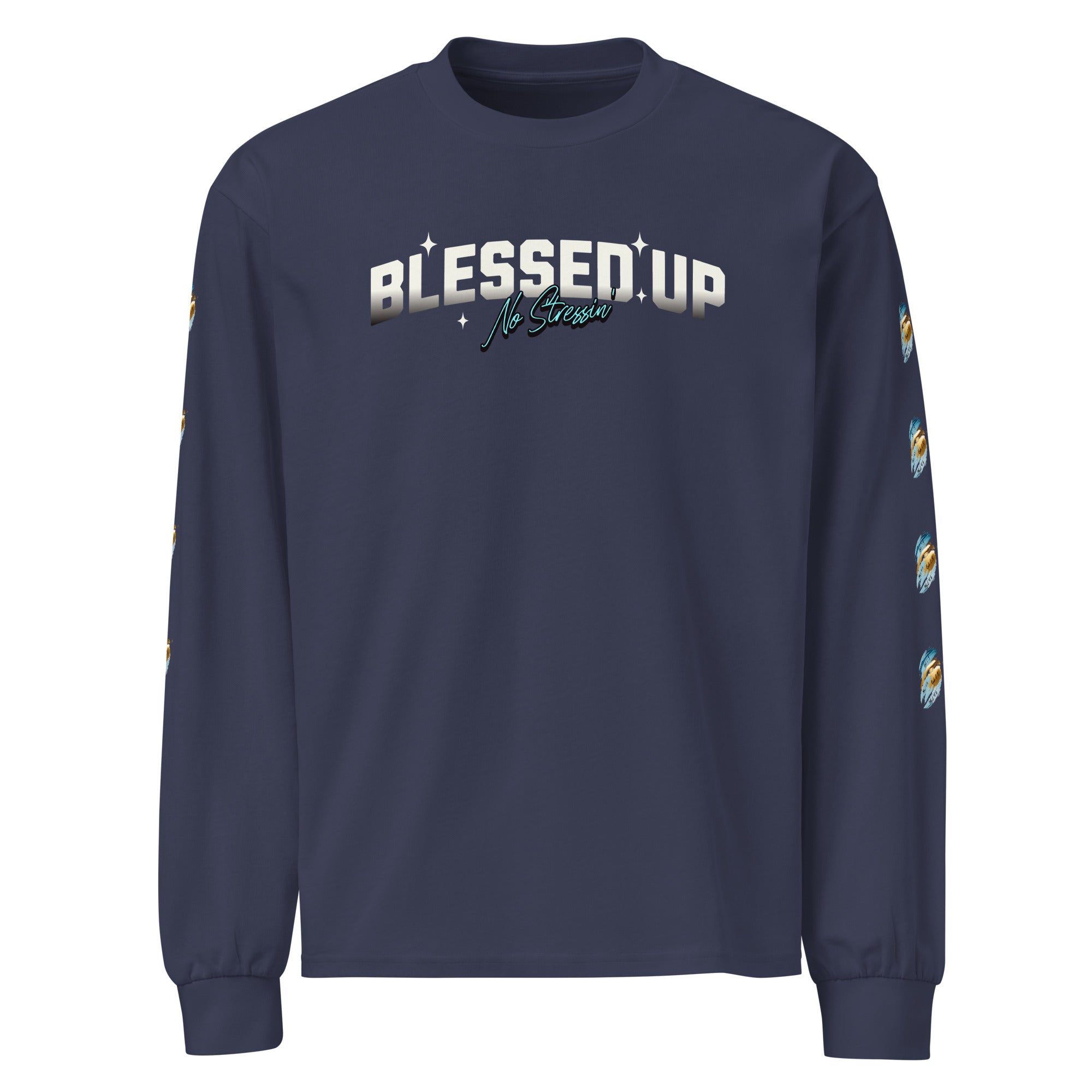 Premium midnight blue color heavyweight sweatshirt with text design saying Blessed Up No Stressin" across front chest area, also with intricate bible verse design on left and right sleeve