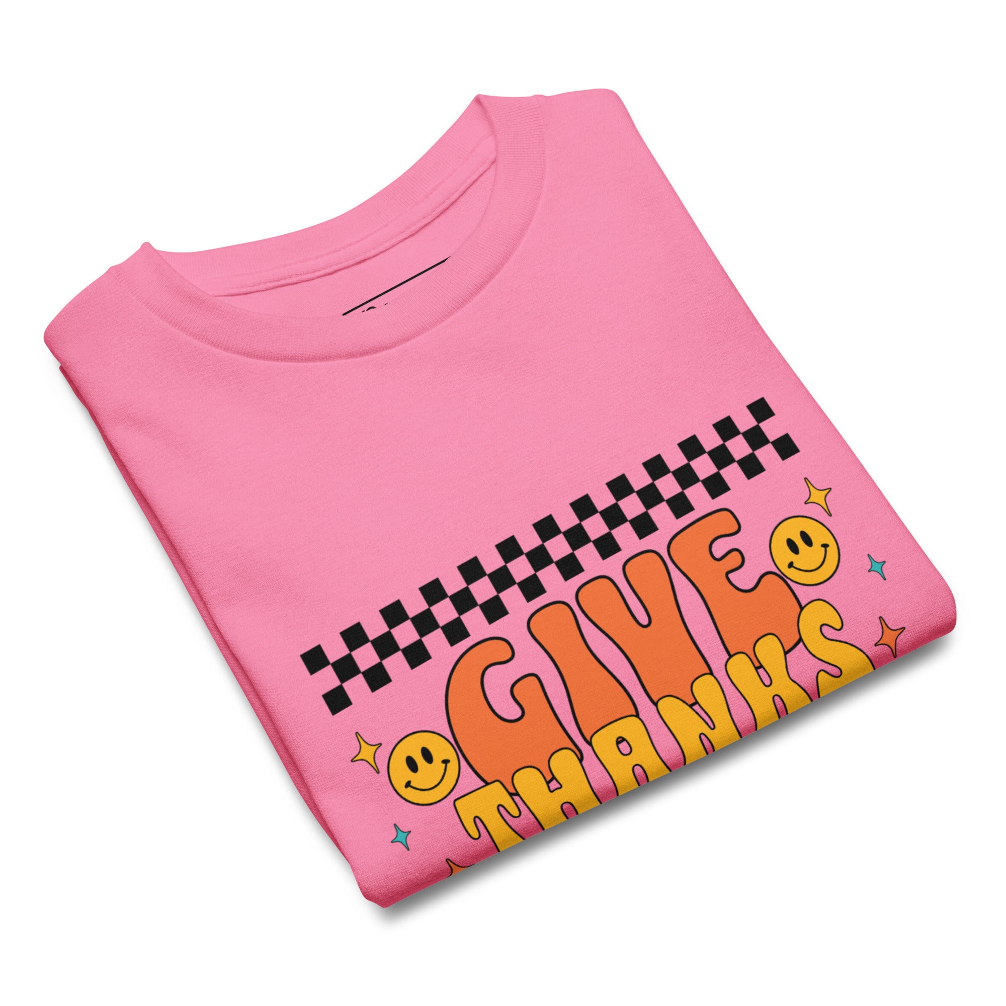 Azalea pink color youth t-shirt with design that reads "give thanks in all things", inspired by Thessalonians 5:18