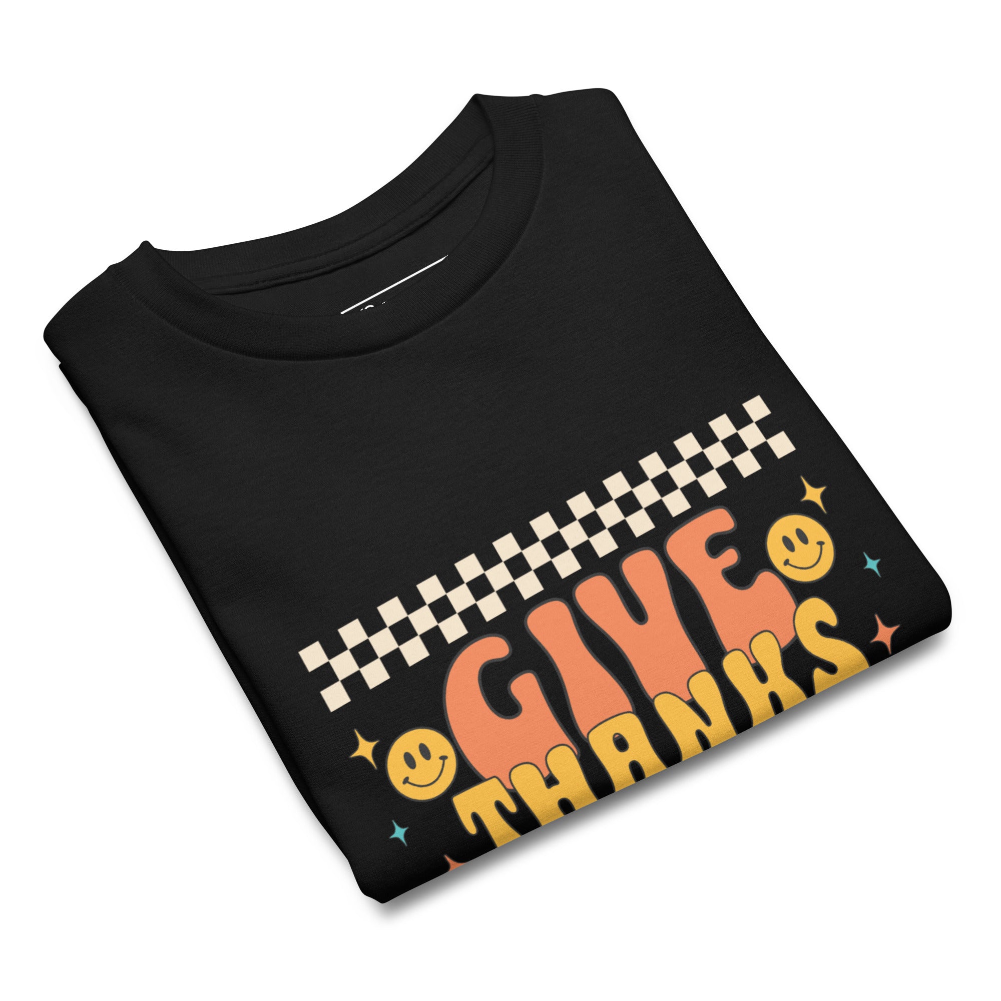 Black color youth t-shirt with design that reads "give thanks in all things", inspired by Thessalonians 5:18