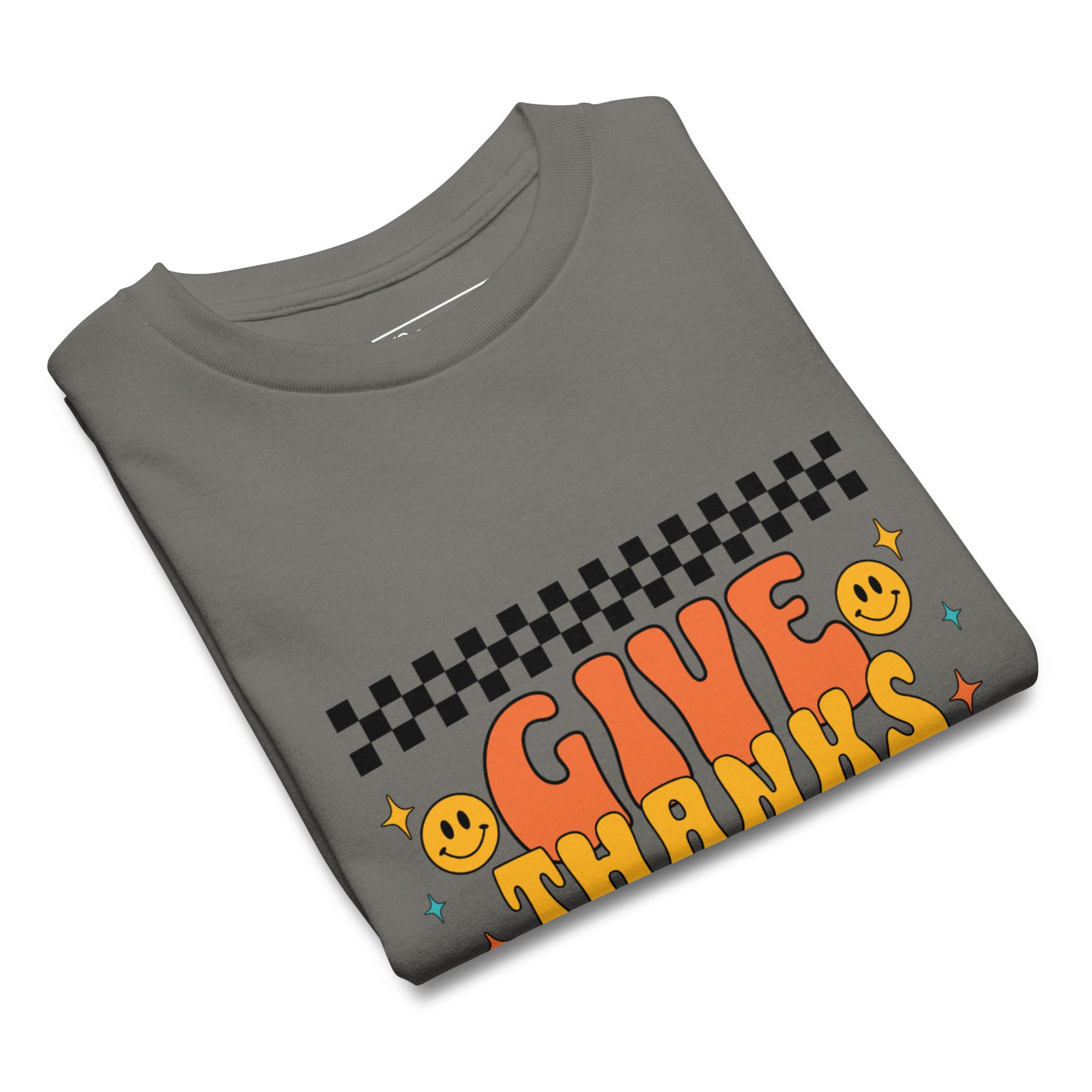 Charcoal color youth t-shirt with design that reads "give thanks in all things", inspired by Thessalonians 5:18