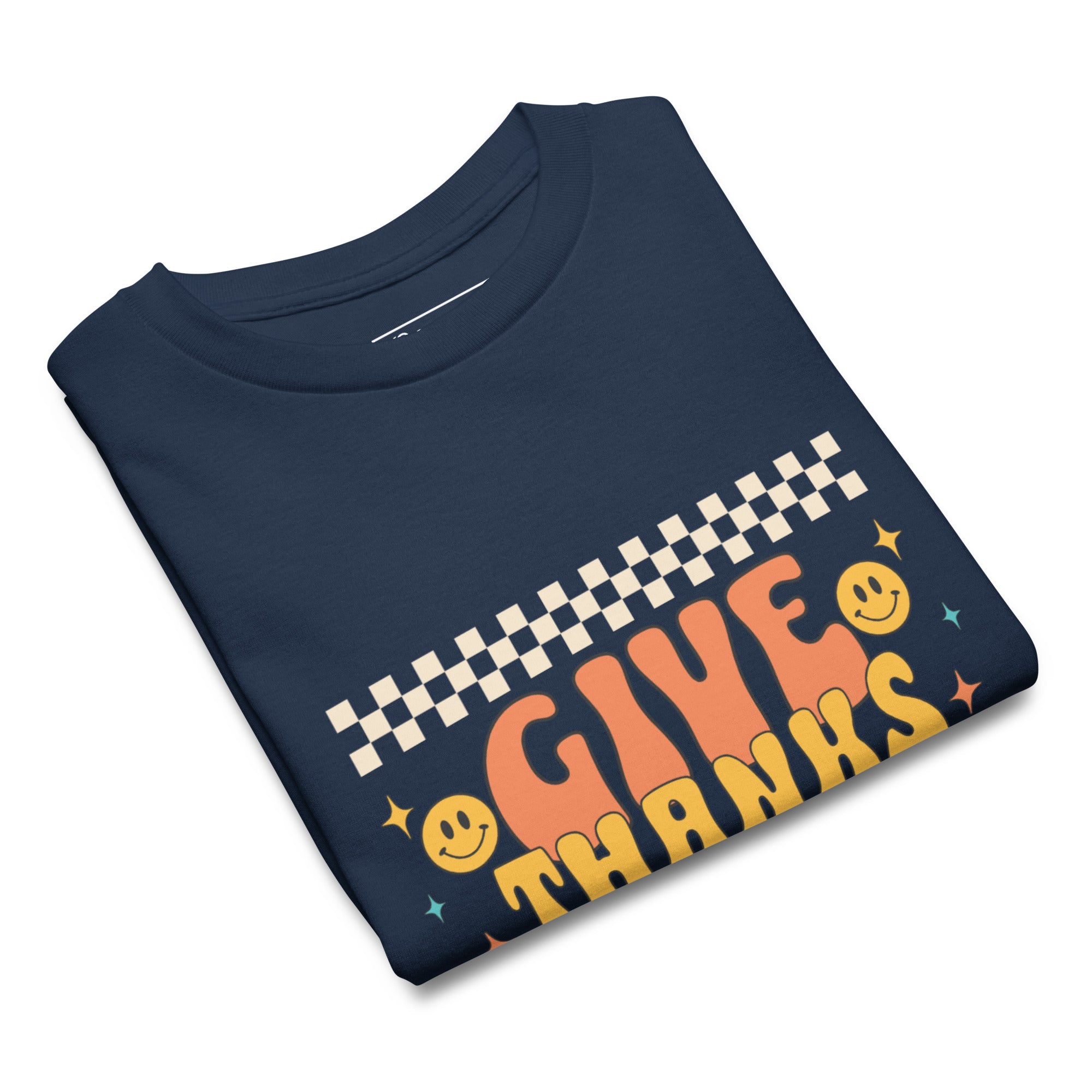 Navy color youth t-shirt with design that reads "give thanks in all things", inspired by Thessalonians 5:18