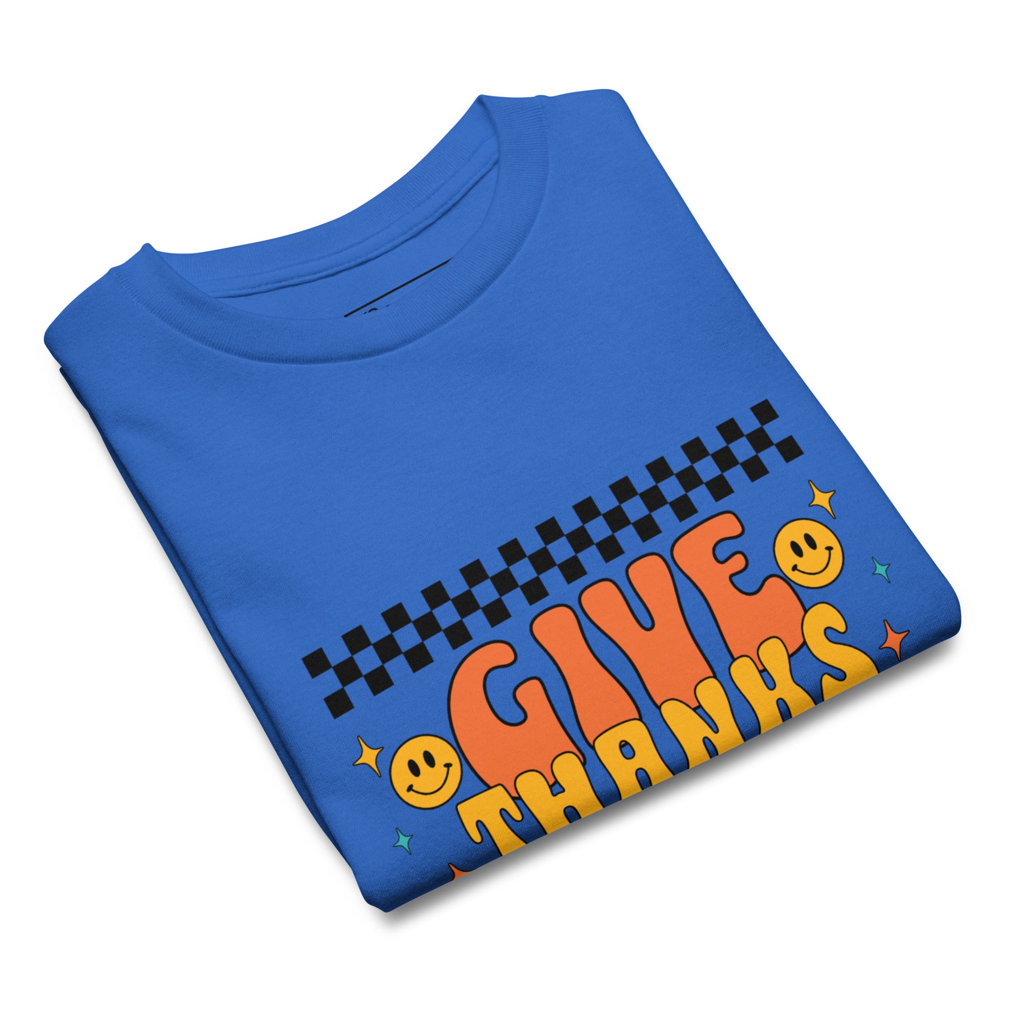 Royal blue color youth t-shirt with design that reads "give thanks in all things", inspired by Thessalonians 5:18